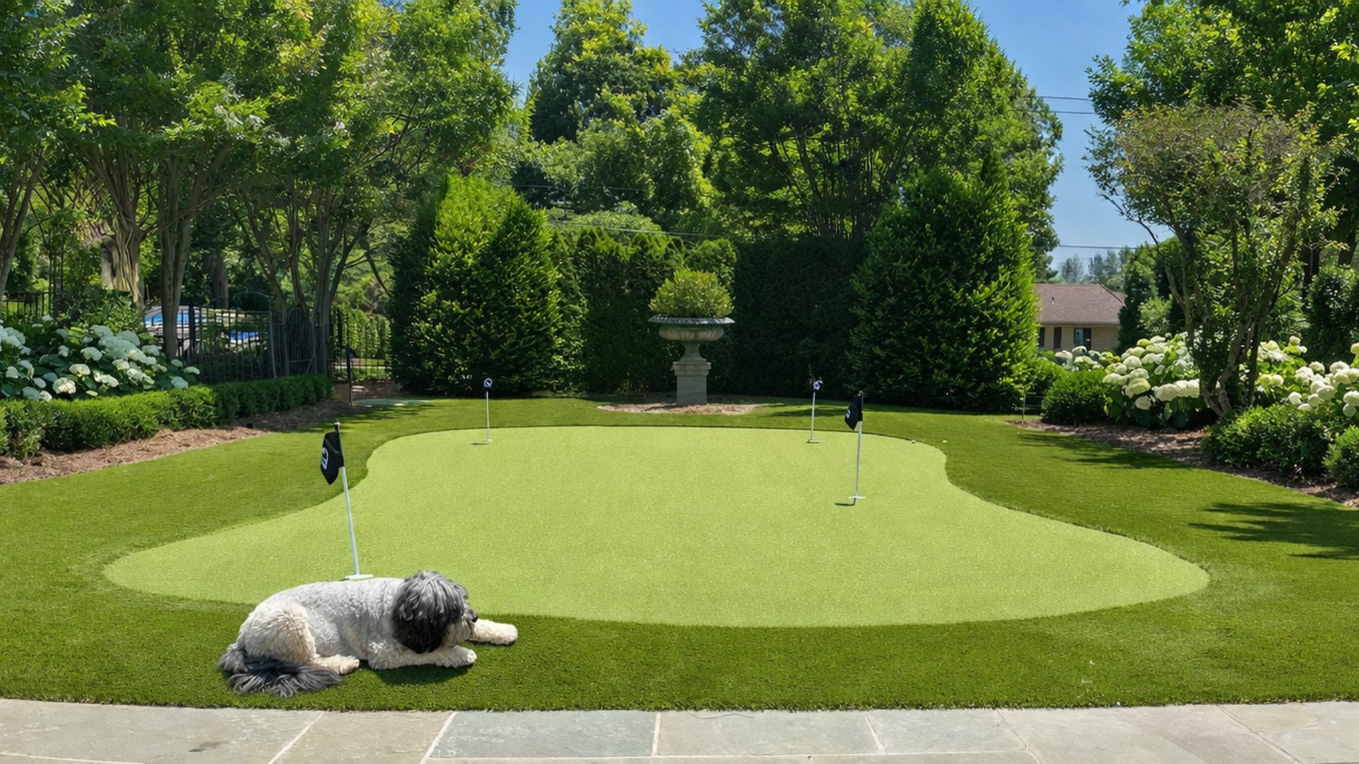 A pristine backyard synthetic putting green with flags and a dog resting on the turf