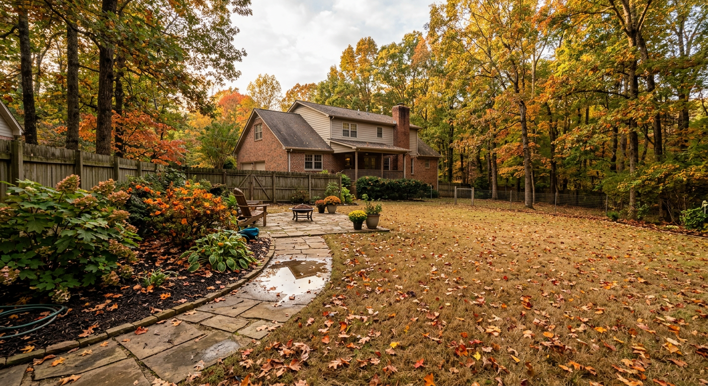 A North Alabama backyard in October with fallen leaves on a dormant lawn, mulch washed onto a paver walkway, and standing water near a stone patio