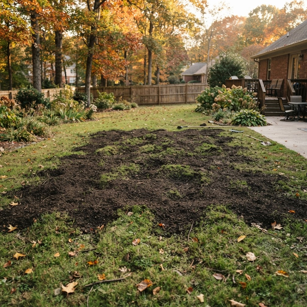 A residential lawn being topdressed with an even layer of soil blend in warm early-fall light