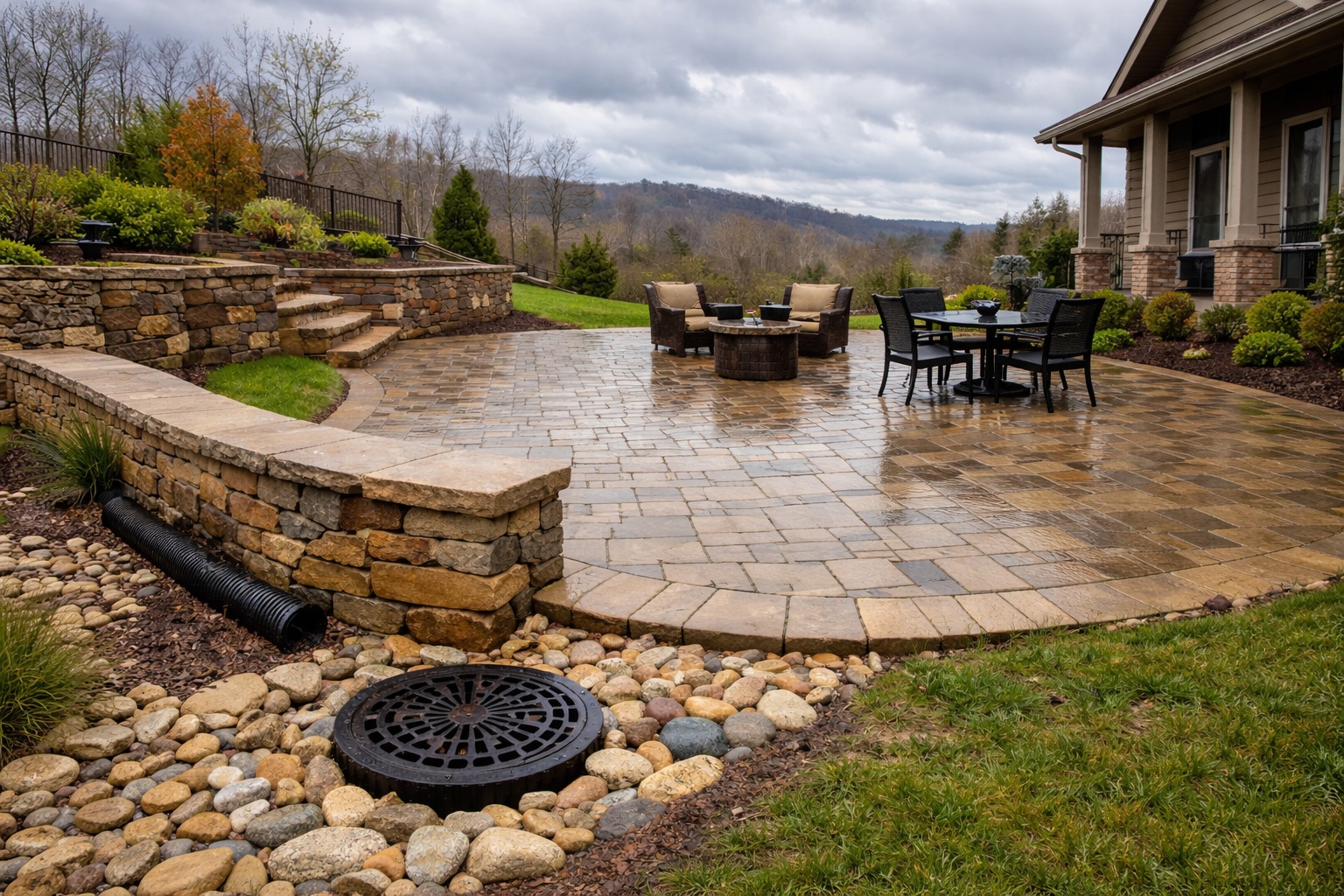 A stone paver patio with retaining walls and a river-rock drainage bed with a catch basin