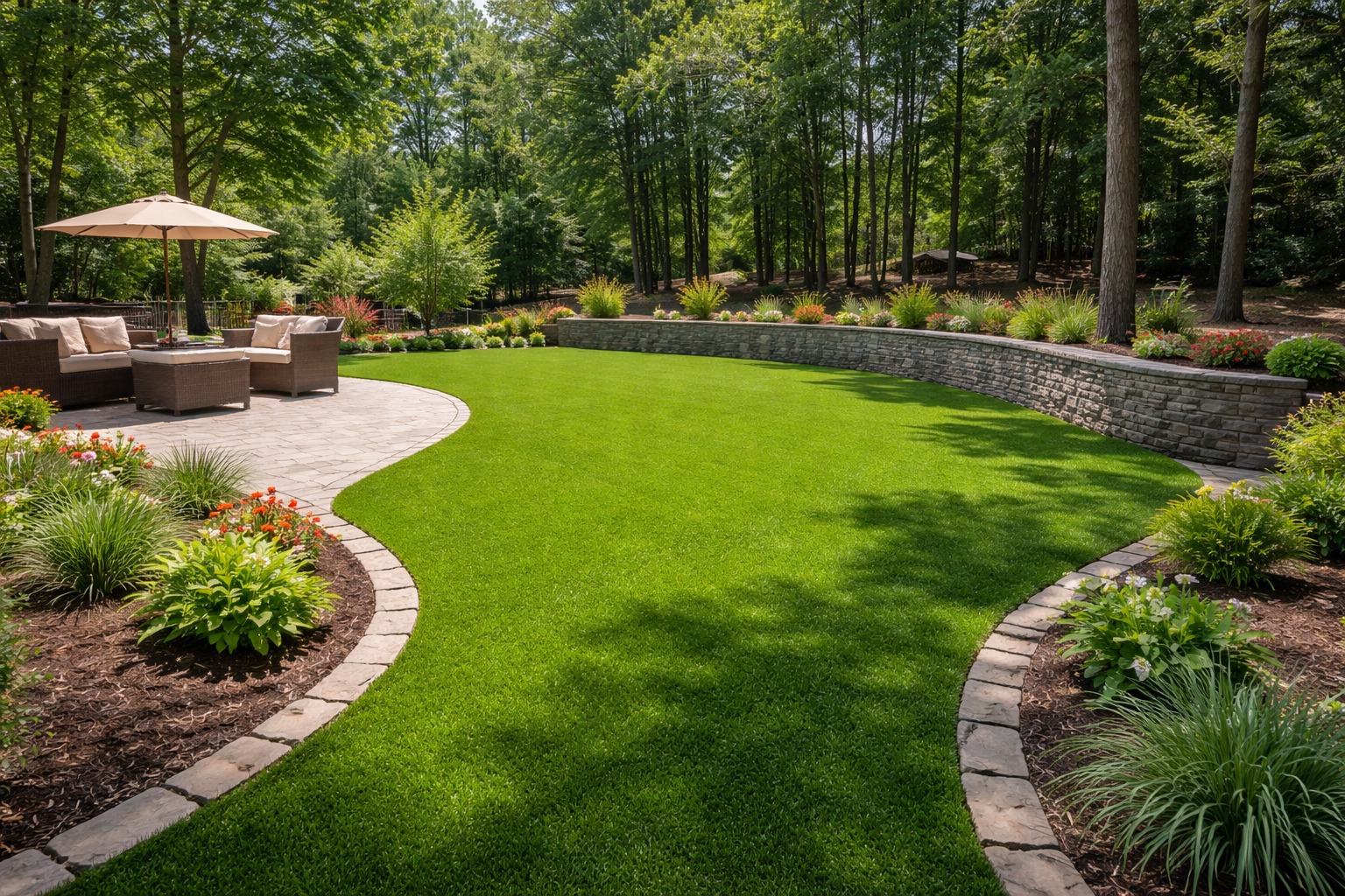 A lush backyard lawn with a curved paver path, stone retaining wall, and patio seating