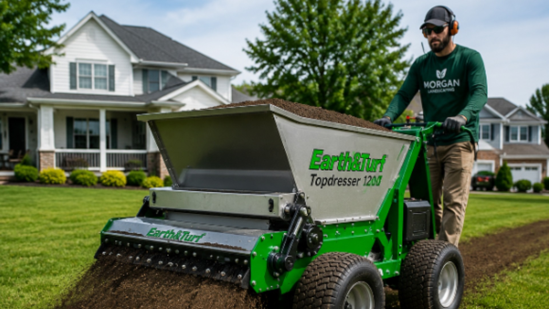 A Morgan Landscapes crew member operating an Earth & Turf topdresser across a green lawn