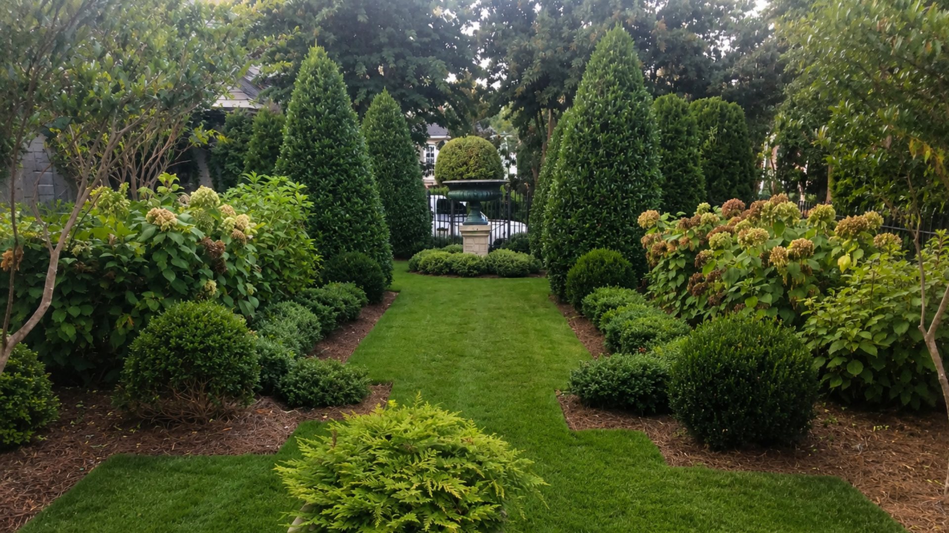 A formal garden with tall evergreen privacy trees, boxwoods, and a manicured lawn path